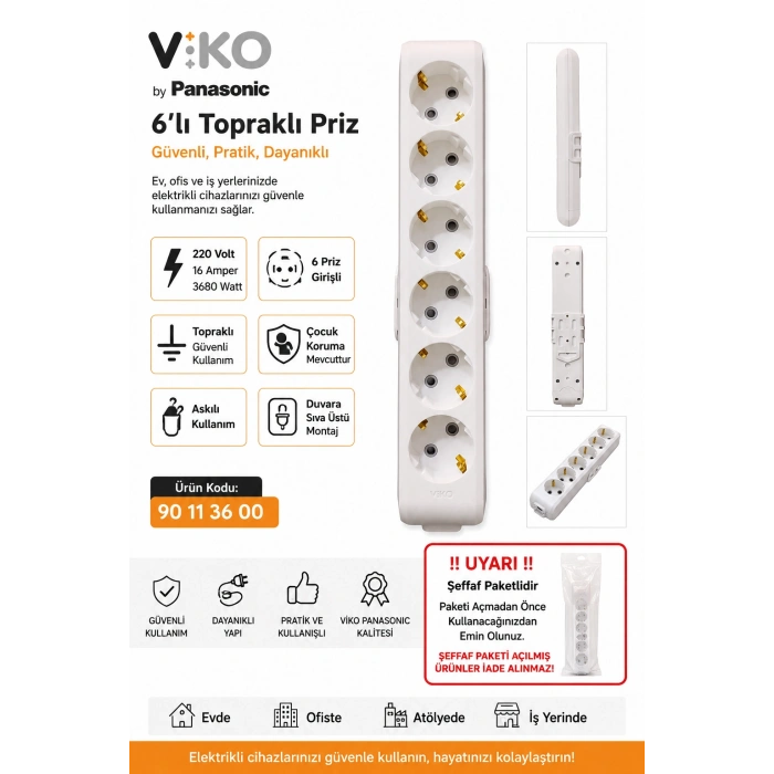 VİKO Multilet BEYAZ Altılı Grup Priz Topraklı Klemensli (6lı Kablosuz)