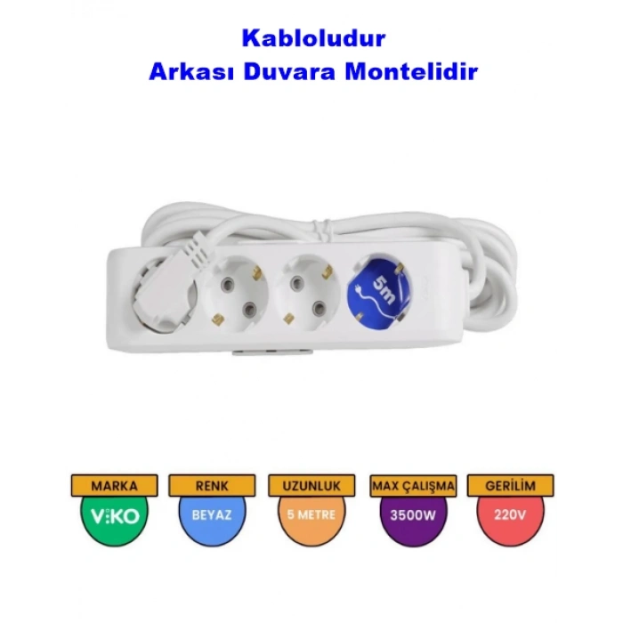 VİKO Multilet Dörtlü 5Mt Ara Kablolu Grup Priz Topraklı Klemensli Beyaz