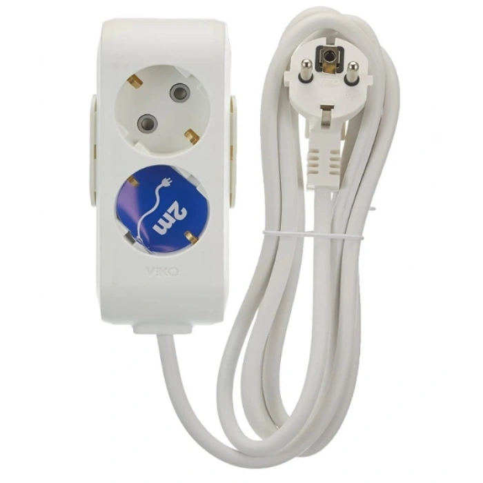 VİKO Multilet İkili 2mt Kablolu BEYAZ Grup Priz 2li Ara Kablo Topraklı Klemensli