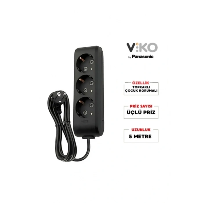 VİKO Multilet Üçlü 5mt Kablolu SİYAH Grup Priz 3lü Ara Kablo Topraklı Klemensli