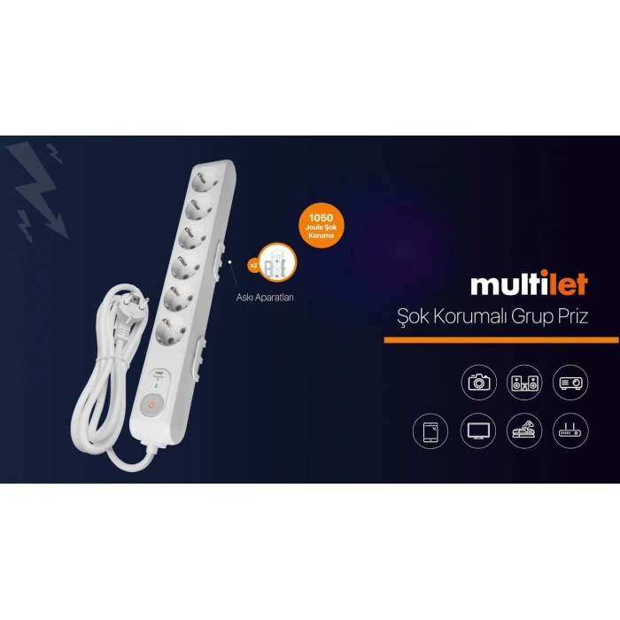 VİKO Anahtarlı Şok Aşırı Akım Korumalı 6lı - Altılı 1.5mt Kablolu Grup Priz Çocuk Emniyetli