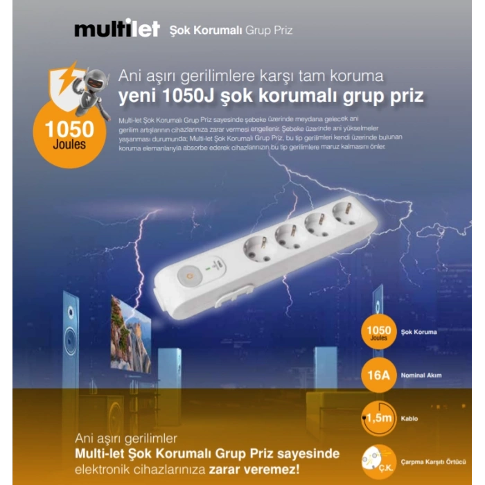 VİKO Anahtarlı Şok Aşırı Akım Korumalı 6lı - Altılı 1.5mt Kablolu Grup Priz Çocuk Emniyetli