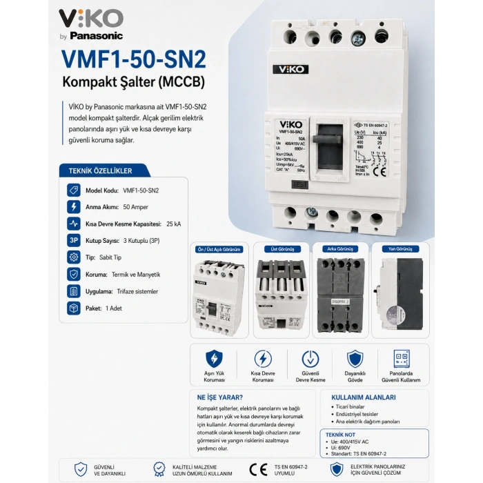VİKO VMF1-50  3x50A Sabit Termik Kompakt Şalter 25kA