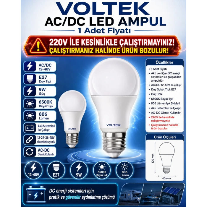 VOLTEK 12v-24v-48v Ac / Dc E-27 Led Ampul 9W 6500k Beyaz