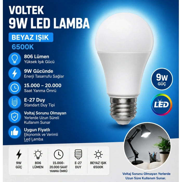 VOLTEK 9W Led Ampul E-27 Duylu BEYAZ 6500K