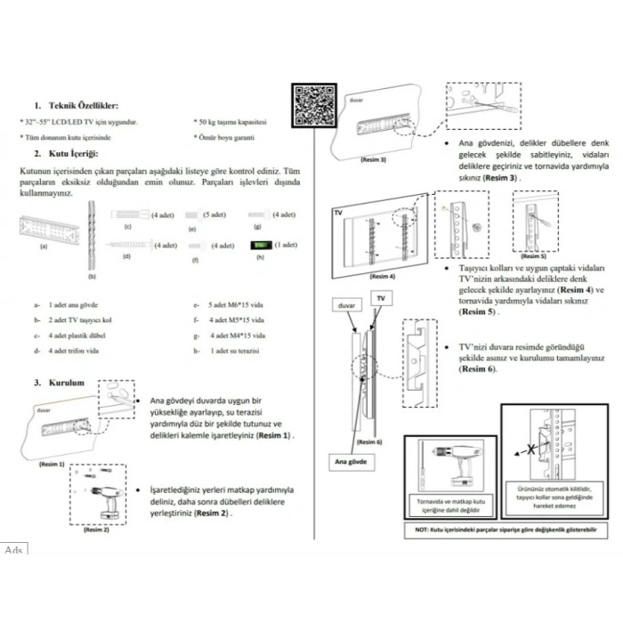 Üç Kollu Tek Hareketli Tv Askı Aparatı 22...42 (55-125 Cm)
