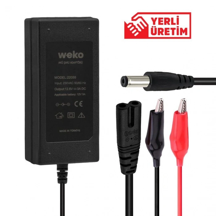 WEKO Dc 12.6v 3A Akü Şarj Adaptörü 5.5x2.5mm Jaklı + Maşa Kıskaçlı Masa Üstü Şarz Aleti 12 Volt 3 Amper