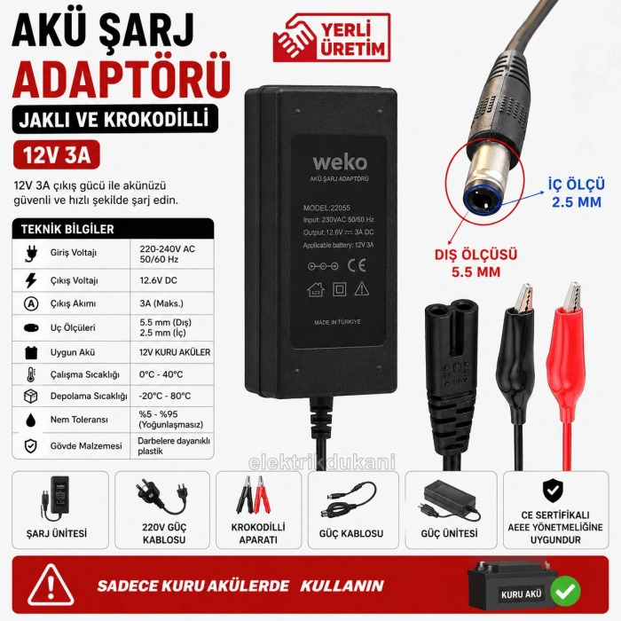 WEKO Dc 12.6v 3A Akü Şarj Adaptörü 5.5x2.5mm Jaklı + Maşa Kıskaçlı Masa Üstü Şarz Aleti 12 Volt 3 Amper