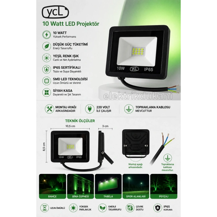 YCL 10w YEŞİL Led Projektör SMD IP65 900lm (10 Watt 220 Volt)