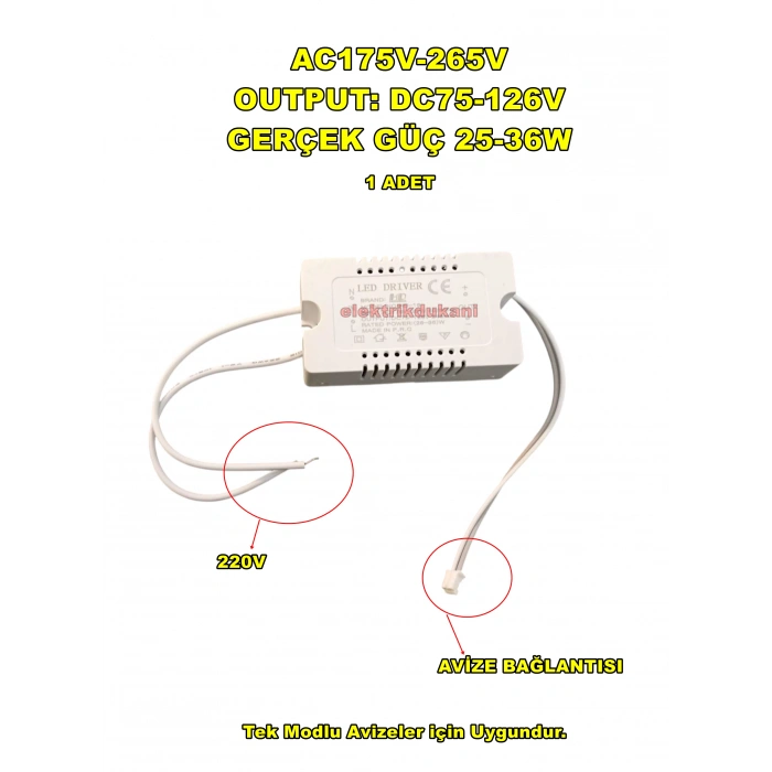 YILDIZ LED AVİZE TRAFOSU DC 72-120V 24-36W X 1 TEK MODLU