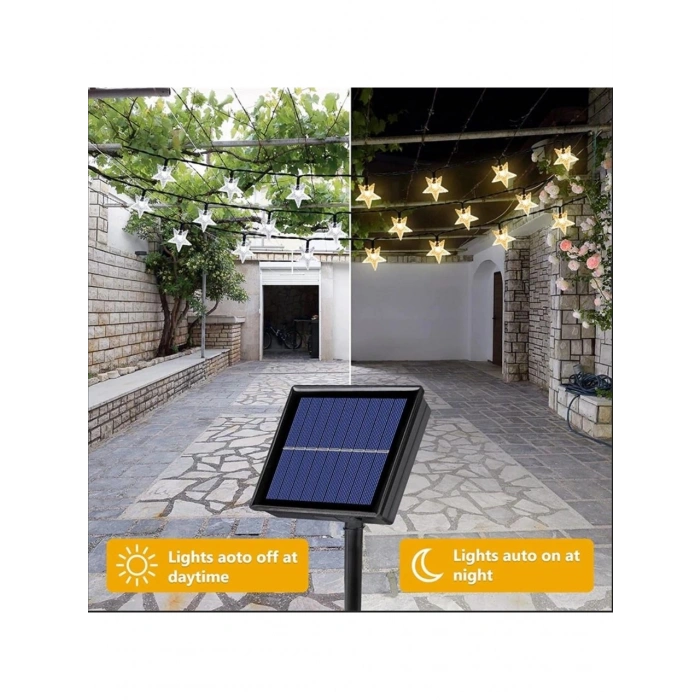YILDIZ Şekilli Solar Güneş Enerjili SARI Işık 3500k 5mt Dış Mekan 30lu Süsleme Ledli IP65 (8 Yanma Modu GünIşığı )