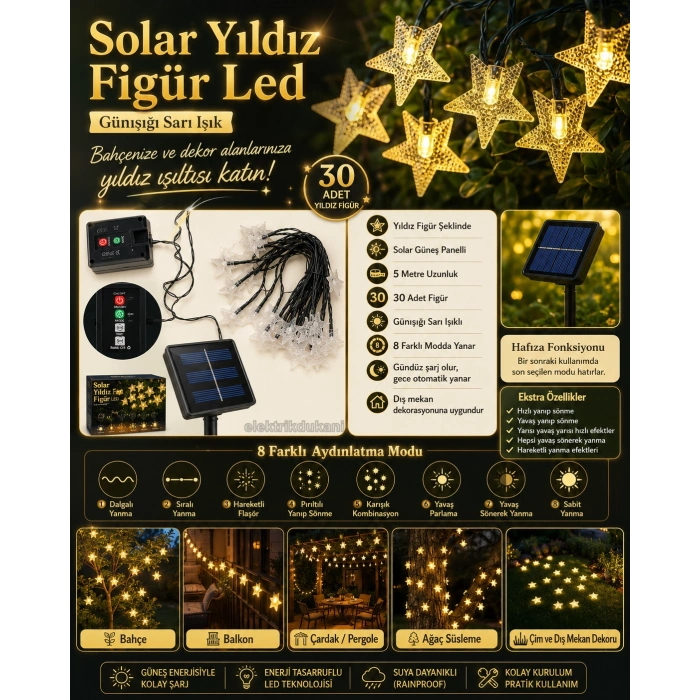 YILDIZ Şekilli Solar Güneş Enerjili SARI Işık 3500k 5mt Dış Mekan 30lu Süsleme Ledli IP65 (8 Yanma Modu GünIşığı )