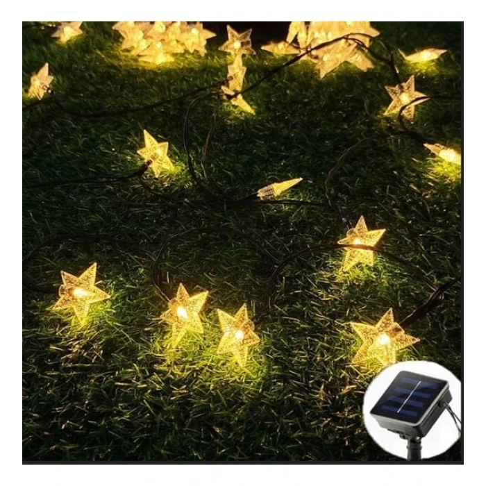 YILDIZ Şekilli Solar Güneş Enerjili SARI Işık 3500k 5mt Dış Mekan 30lu Süsleme Ledli IP65 (8 Yanma Modu GünIşığı )