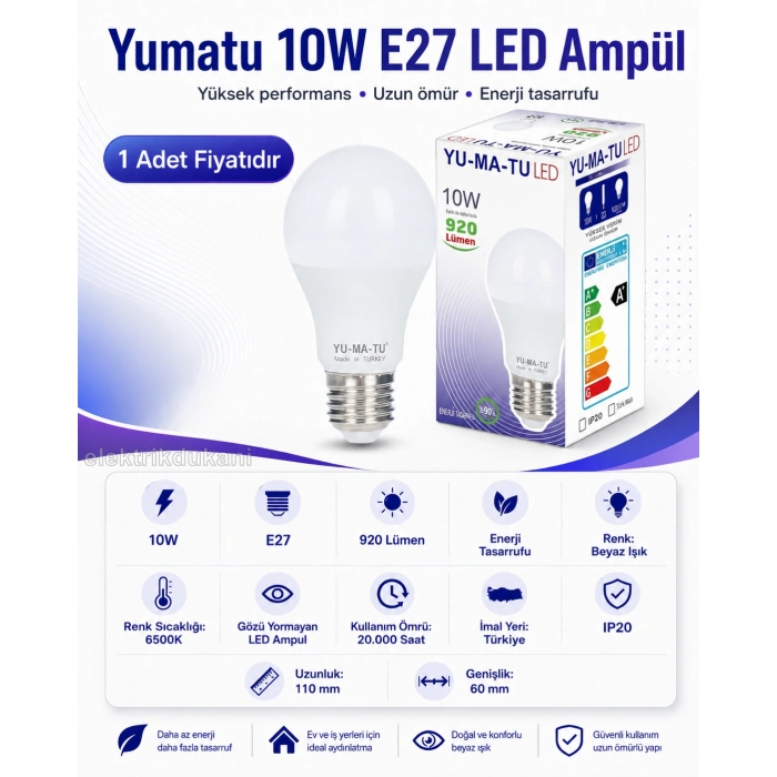 YUMATU 10w Led Ampul E-27 Duylu 6500k Beyaz Işık