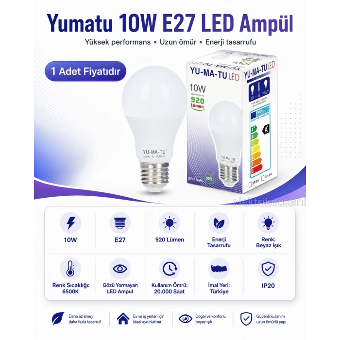 YUMATU 10w Led Ampul E-27 Duylu 6500k Beyaz Işık