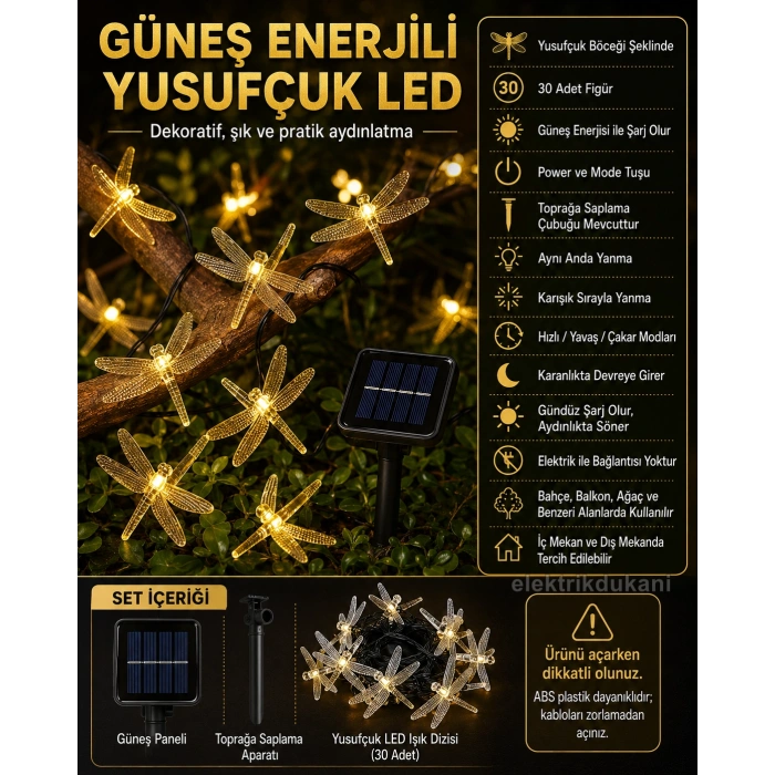YUSUFCUK Şekilli Solar Güneş Enerjili SARI Işık 3500k 5mt Dış Mekan 30lu Süsleme Ledli IP65 ( GünIşığı )