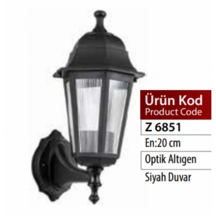 ZERPA Altıgen Duvar Aplik SİYAH Bahçe Armatür ABS Plastik E-27 Duylu