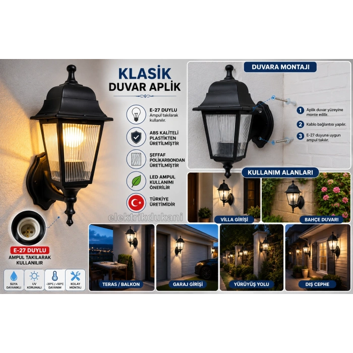 ZERPA Kare Duvar Aplik SİYAH Bahçe Armatür ABS Plastik E-27 Duylu IP54