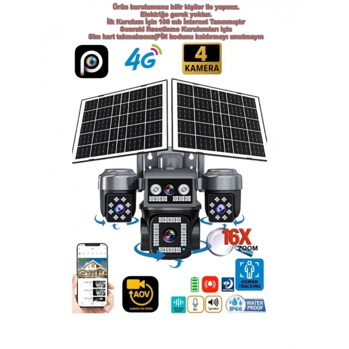 ZTECH 4 Lens AOV Solar 4 Kameralı Smart +4G SİM Kartlı Güvenlik Kamerası Güneş Enerjili 360? HD 4MP 3 Sabit 1 Hareketli Gece Görüşlü Sirenli Akıllı Kamera IP66 (Çift Solar Panel 16000mAh Pil İle Kesintisiz Kayıt Türkçe Menü)