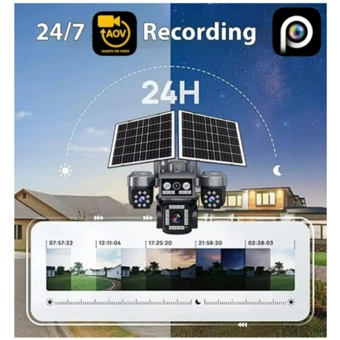 ZTECH 4 Lens AOV Solar 4 Kameralı Smart +4G SİM Kartlı Güvenlik Kamerası Güneş Enerjili 360? HD 4MP 3 Sabit 1 Hareketli Gece Görüşlü Sirenli Akıllı Kamera IP66 (Çift Solar Panel 16000mAh Pil İle Kesintisiz Kayıt Türkçe Menü)