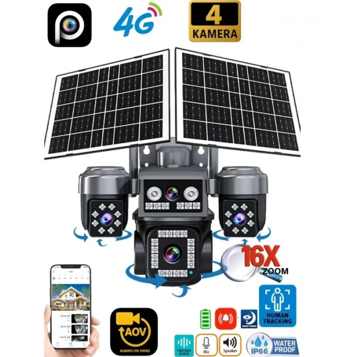 ZTECH 4 Lens AOV Solar 4 Kameralı Smart +4G SİM Kartlı Güvenlik Kamerası Güneş Enerjili 360? HD 4MP 3 Sabit 1 Hareketli Gece Görüşlü Sirenli Akıllı Kamera IP66 (Çift Solar Panel 16000mAh Pil İle Kesintisiz Kayıt Türkçe Menü)