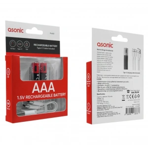 ASONİC 400mAh 1.5 Volt Şarjlı İnce Kalem Pil AAA 2li Pk. Type-C Soketli Kablo İle Şarj Edilebilir