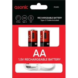 ASONİC 1400mAh 1.5 Volt Şarjlı Kalem Pil AA 2li Pk. Type-C Soketli Kablo İle Şarj Edilebilir