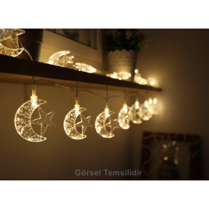 Pilli 1.5mt Hilal Yıldız Motifli Süsleme Ledi GÜNIŞIĞI Boncuk Led (2 Adet AA Pil İle Çalışır Piller Hariç)