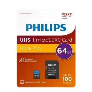 PHILIPS 64Gb UHS-I Micro SDXC Card Mikro Hafıza Kartı Ultra Pro Up to 100 Mb/S R A1 Class 10 Card+Adapter