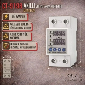 CATA 1x63A Monofaze Akıllı Voltaj ve Akım Koruma Rolesi Şebeke Giriş Voltaj Denetleyici 220 Volt 63 Amper