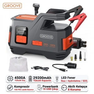 GROOVE Akü Takviye Cihazı ve Hava Kompresörü 29200mAh 4500A Akü (Kompresör+Powerbank+Led Lamba)
