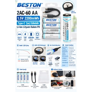 BESTON 2200mAh 1.5 Volt Şarjlı Kalem Pil AA 4lü Pk. Type-C Soketli Kablo İle Şarj Edilebilir