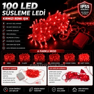 BONCUK İp 220v Süsleme Ledi 6 Modlu KIRMIZI 10mt Dış Mekan 100lü Süsleme Ledi IP55 Şeffaf Kablo