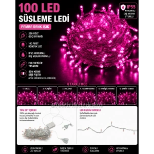 BONCUK İp 220v Süsleme Ledi 6 Modlu PEMBE 10mt Dış Mekan 100lü Süsleme Ledi IP55 Şeffaf Kablo
