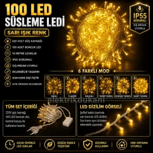 BONCUK İp 220v Süsleme Ledi 6 Modlu SARI Işık 10mt Dış Mekan 100lü Süsleme Ledi IP55 Şeffaf Kablo