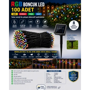 Boncuk İp Solar Güneş Enerjili RGB 10mt Dış Mekan 100lü Süsleme Ledli IP65 Siyah (8 Yanma Modu Karışık Renkli)