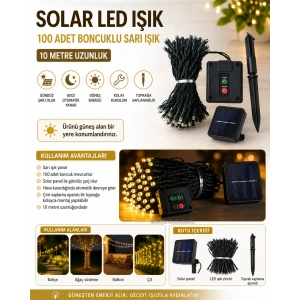 Boncuk İp Solar Güneş Enerjili SARI Işık 3500k 10mt Dış Mekan 100lü Süsleme Ledli IP65 (8 Yanma Modu GünIşığı )