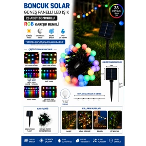 BONCUK Solar Güneş Enerjili RGB 5mt Dış Mekan 28li Süsleme Ledli IP65