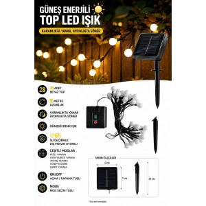 BONCUK Solar Güneş Enerjili SARI Işık 3500k 5mt Dış Mekan 28li Süsleme Ledli IP65 (3500k Günışığı )