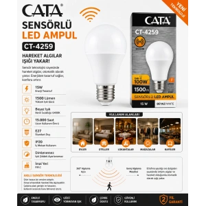 CATA 15w E-27 Radar Sensörlü Led Ampul BEYAZ Işık 6400k 1500lm 220 Volt