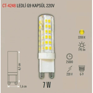 CATA 220v 7w G9 Kapsül Ampul GÜNIŞIĞI Işık 3200k Geniş Açı (Mısır Dizgi İğne Ayaklı Avize Ampulü 220 Volt 7 Watt)