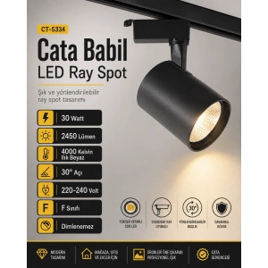 CATA 30w Babil GÜNIŞIĞI 4000k Işık SİYAH Kasa Led Ray Spot Armatür 4000k (Plastik Kasa)