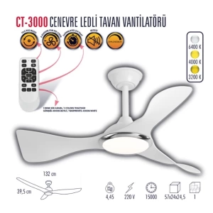 CATA Cenevre Ledli Tavan Vantilatörü 40w Aydınlatma Kumandalı Dekoratif 3 Kanat