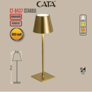 CATA İstanbul Şarjlı Masa Lambası Dokunmatik ALTIN - GOLD 3 Renk Işık Beyaz-Günışığı-Amber