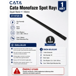 CATA Monofaze 1mt SİYAH Spot Rayı Alüminyum 1 Metre