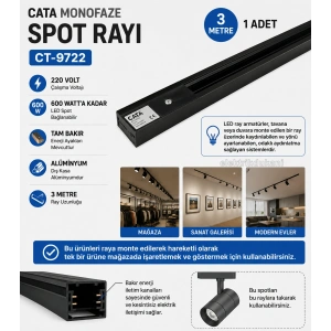 CATA Monofaze 3mt SİYAH Spot Rayı Alüminyum 3 Metre