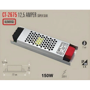 CATA Süper Slim 12v 12.5A Dc Şerit Led Trafosu 150w IP20 (12 Volt 12 Amper 12mt ye Kadar Kullanım İçin Uygundur)
