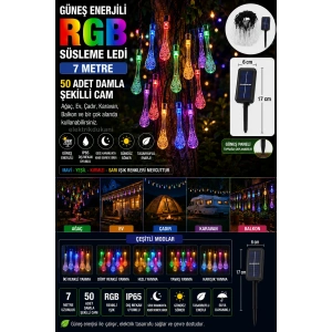 DAMLA Şekilli Solar Güneş Enerjili RGB 7mt Dış Mekan 50li Şeffaf Cam Süsleme Ledli IP65 (Karışık Renkli)