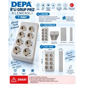 DEPA 8li Seyyar Topraklı Grup Priz Kablosuz Beyaz
