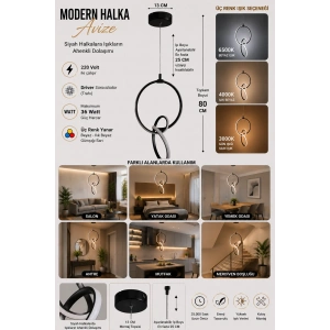 DMR Ahenk Halka Sarkıt Led Avize SİYAH Kasa Üç Renk 6500k/4000k/3000k (Beyaz /Ilık Beyaz/Sarı (Günışığı)
